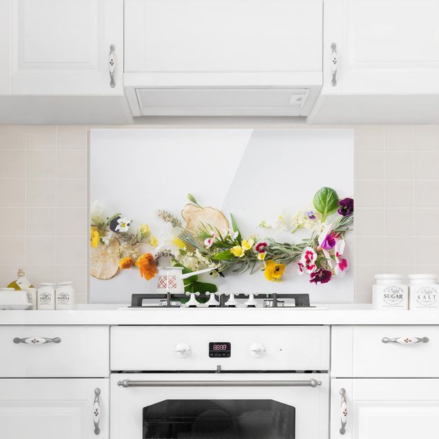 Glass splashback kitchen spices and herbs Fresh Herbs With Edible Flowers