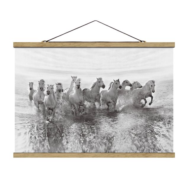 Fabric print with poster hangers - White Horses In The Ocean