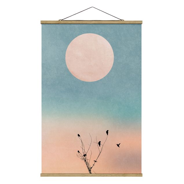 Fabric print with poster hangers - Birds In Front Of Rose Sun II