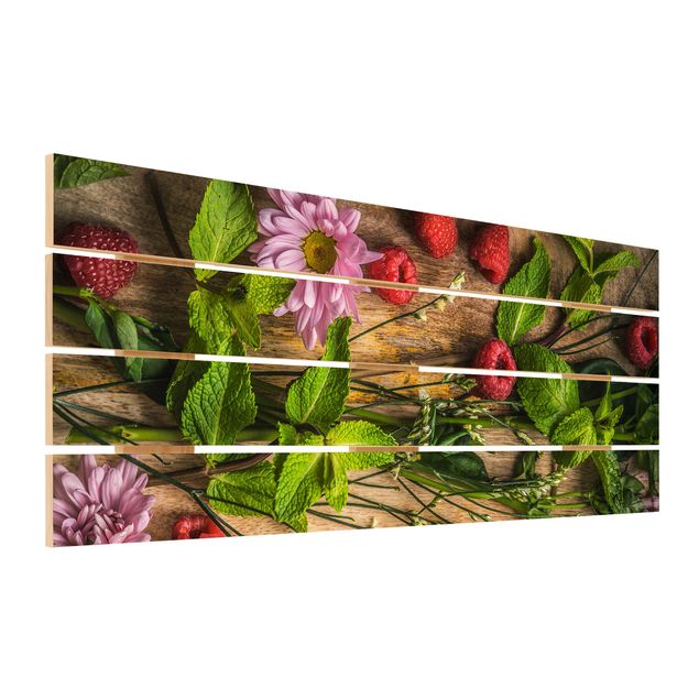 Print on wood - Flowers Raspberries Mint