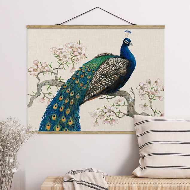 Fabric print with poster hangers - Vintage Peacock With Cherry Blossoms