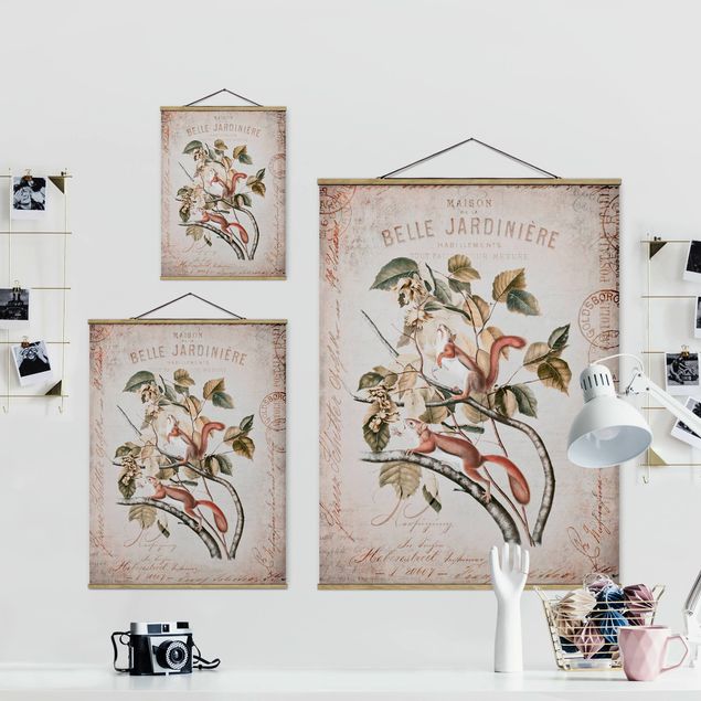 Fabric print with poster hangers - Shabby Chic Collage - Squirrel