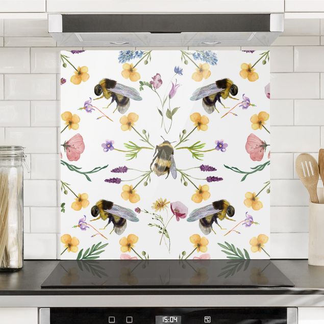 Patterned glass splashbacks Bees With Flowers