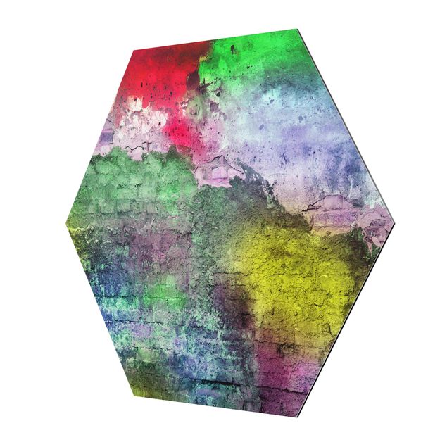 Alu-Dibond hexagon - Colourful Sprayed Old Brick Wall