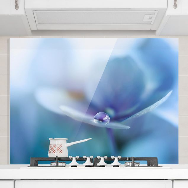 Glass splashback kitchen flower Water Drops Hydrangeas