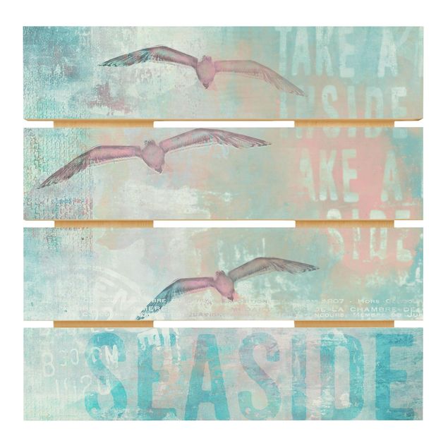 Print on wood - Shabby Chic Collage - Seagulls