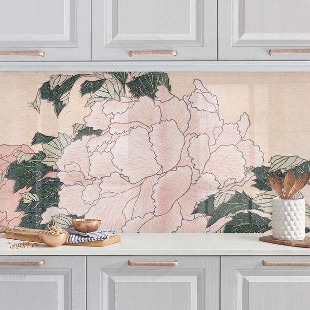 Kitchen splashback flower Katsushika Hokusai - Pink Peonies With Butterfly