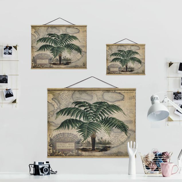 Fabric print with poster hangers - Vintage Collage - Palm And World Map