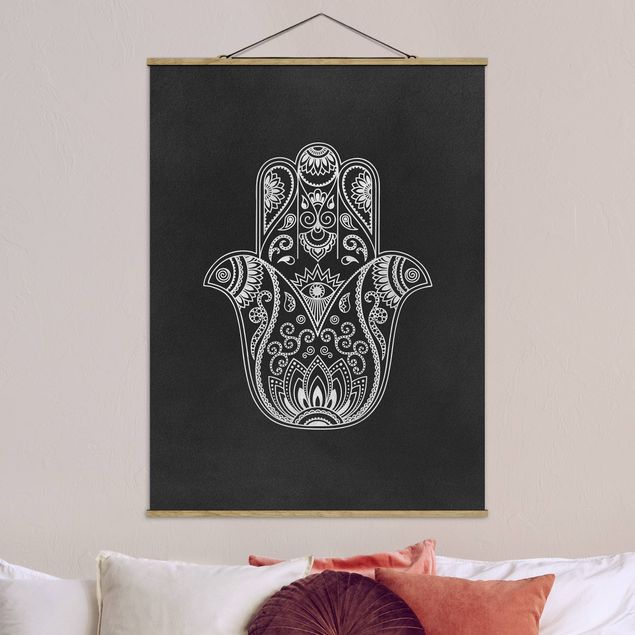 Fabric print with poster hangers - Hamsa Hand Illustration White Black