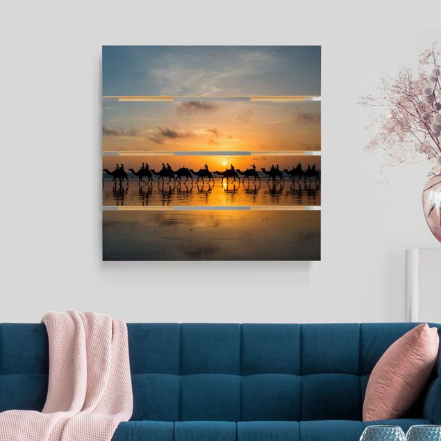Print on wood - Camels in the sunset