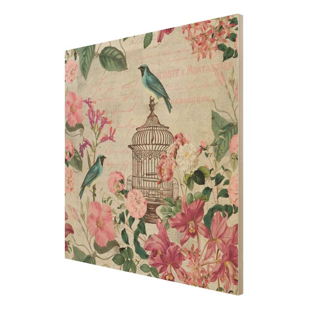 Print on wood - Shabby Chic Collage - Pink Flowers And Blue Birds