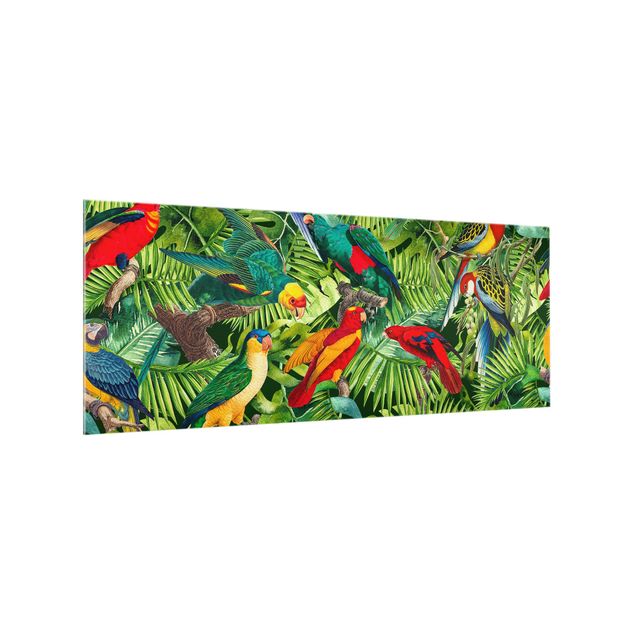 Glass splashback art print Colourful Collage - Parrots In The Jungle