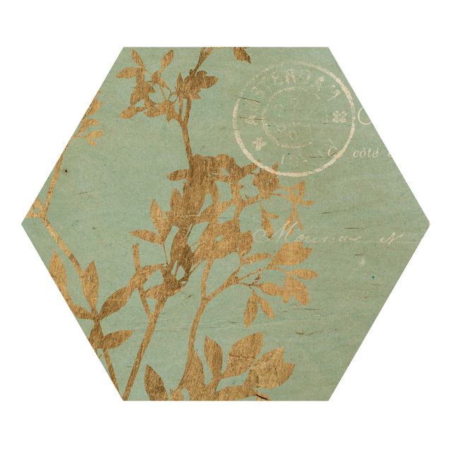 Wooden hexagon - Golden Leaves On Turquoise I
