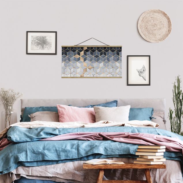Fabric print with poster hangers - Blue White Golden Geometry