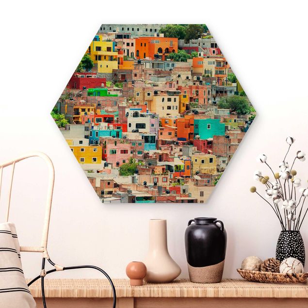 Wooden hexagon - Coloured Houses Front Guanajuato