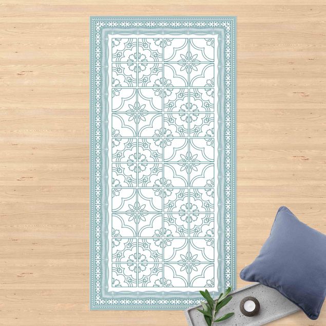 balcony mat Floral Tile Pattern Mint Green Colour With Border