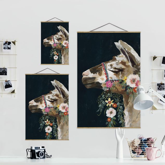 Fabric print with poster hangers - Lama With Floral Decoration II