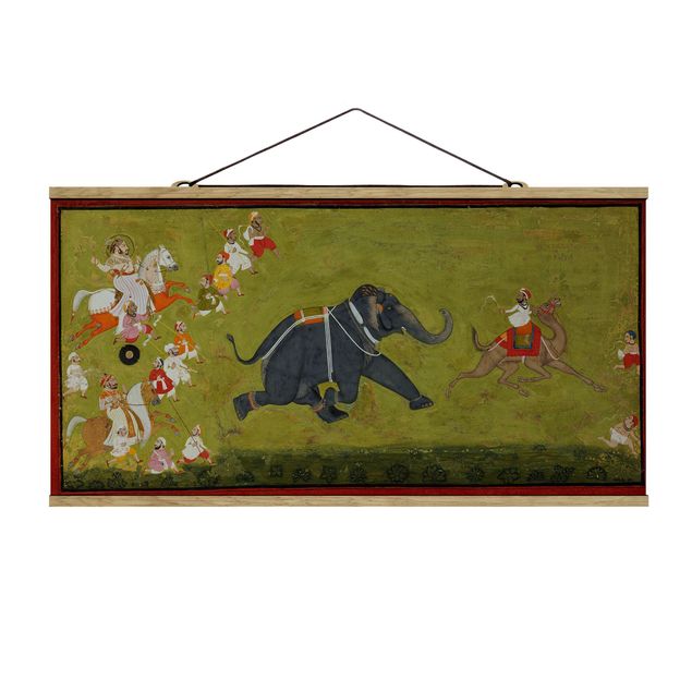 Fabric print with poster hangers - Maharaja Jagat Singh Pursues A Fleeing Elephant
