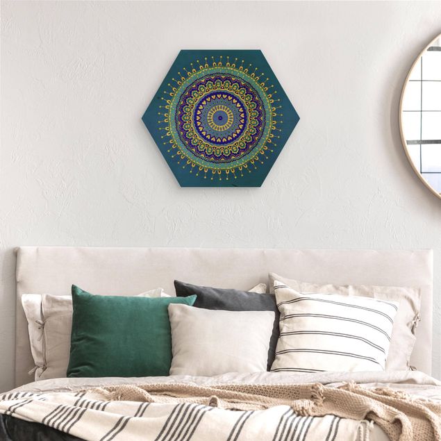 Hexagon Picture Wood - Mandala Blue Gold