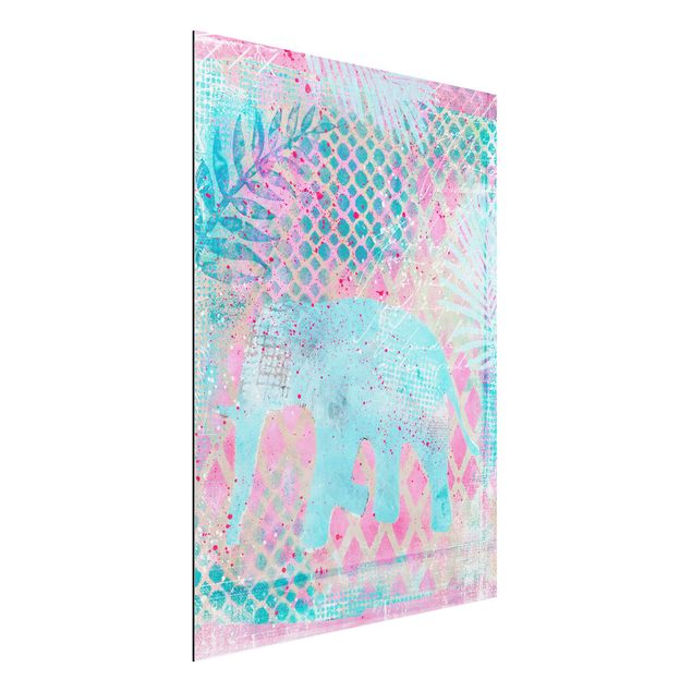 Aluminium dibond Colourful Collage - Elephant In Blue And Pink