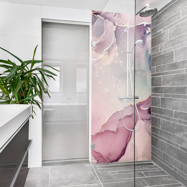Shower wall cladding - Watercolour Pastel Pink With Gold