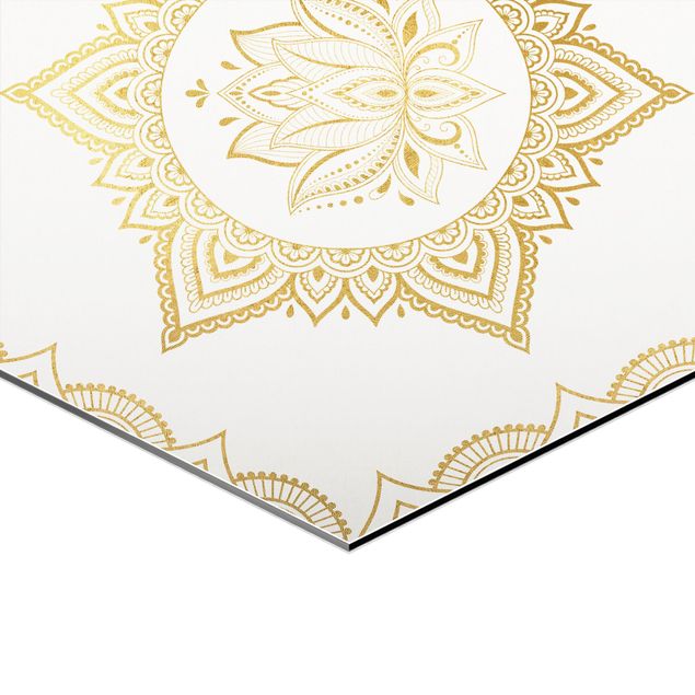 Alu-Dibond hexagon - Hamsa Hand Lotus OM Illustration Set Gold