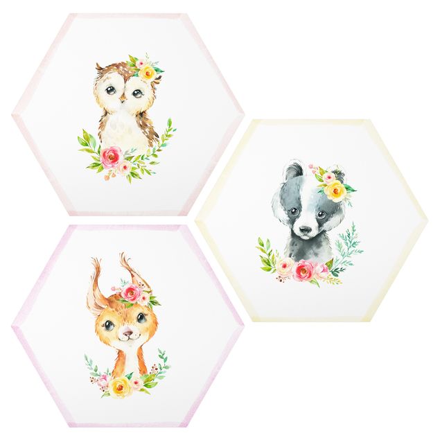 Alu-Dibond hexagon - Watercolour Forest Animals With Flowers Set III