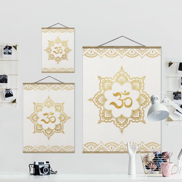 Fabric print with poster hangers - Mandala OM Illustration Ornament White Gold