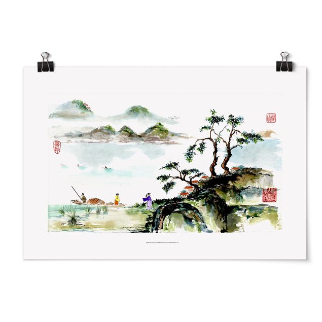 Poster - Japanese Watercolour Drawing Lake And Mountains