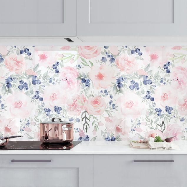 Kitchen splashback flower Pink Roses With Blueberries In Front Of White