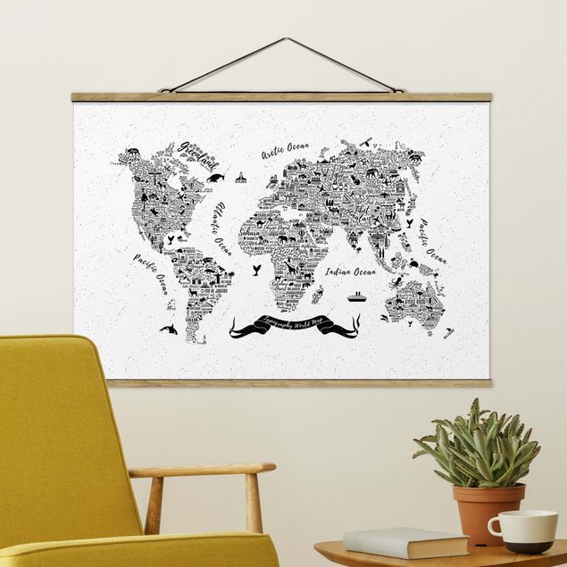 Fabric print with poster hangers - Typography World Map White