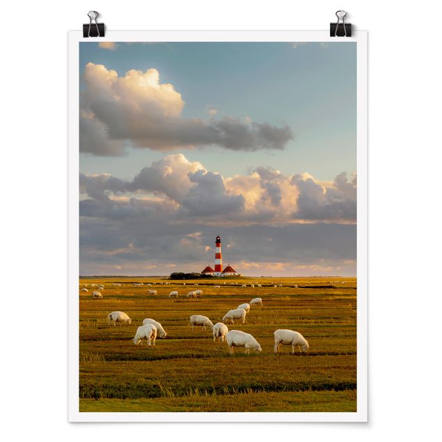 Poster animals - North Sea Lighthouse With Flock Of Sheep