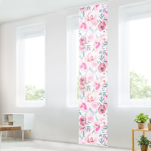 Sliding panel curtain - Watercolour Flowers Pink With Blue Leaves
