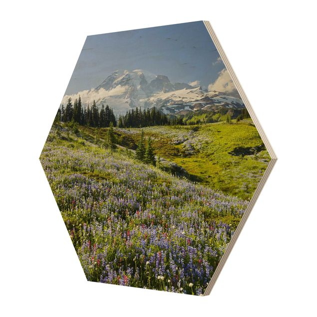 Wooden hexagon - Mountain Meadow With Red Flowers in Front of Mt. Rainier