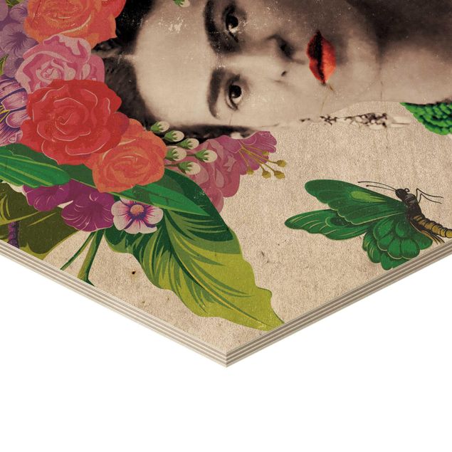 Wooden hexagon - Frida Kahlo - Flower Portrait