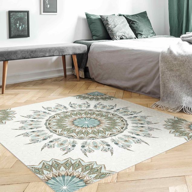 Modern rugs Mandala Watercolour Feathers Pattern Blue Green