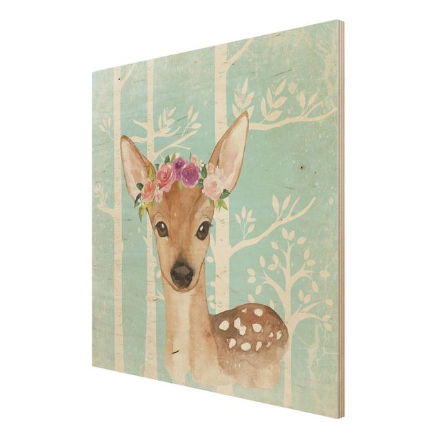 Print on wood - Watercolour Deer Turquoise