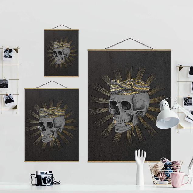 Fabric print with poster hangers - Illustration Skull And Snake Black Gold