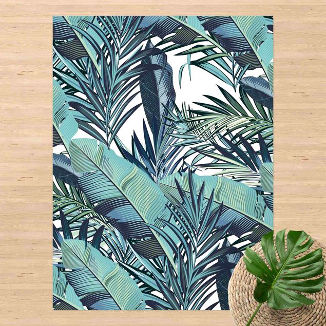 outdoor balcony rug Turquoise Leaves Jungle Pattern