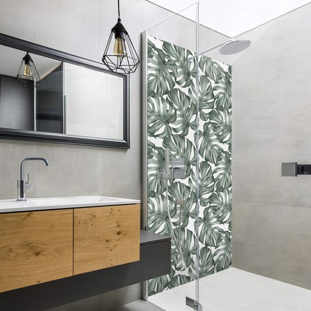 Shower wall panels Watercolour Monstera Leaves In Green