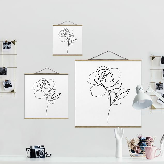 Fabric print with poster hangers - Line Art Rose Black White