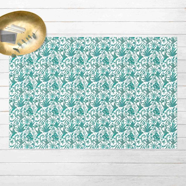 outdoor balcony rug Watercolour Hummingbird And Plant Silhouettes Pattern In Turquoise