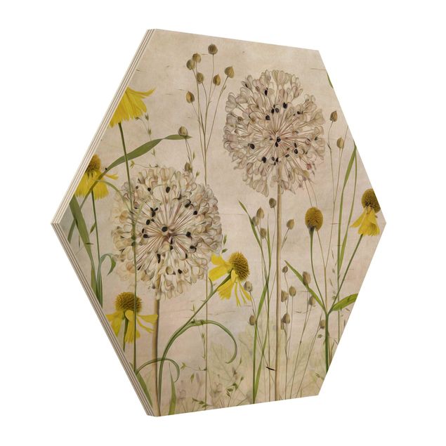 Wooden hexagon - Allium And Helenium Illustration