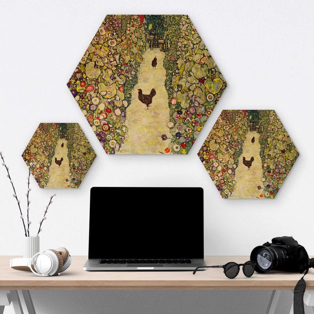 Wooden hexagon - Gustav Klimt - Garden Path with Hens