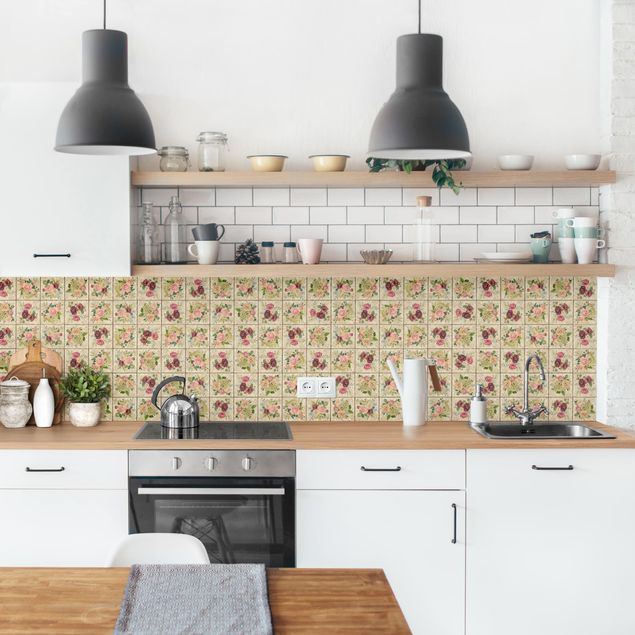 Kitchen splashback tiles Vintage Roses And Hydrangeas