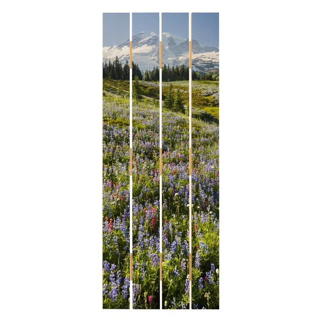 Print on wood - Mountain Meadow With Red Flowers in Front of Mt. Rainier