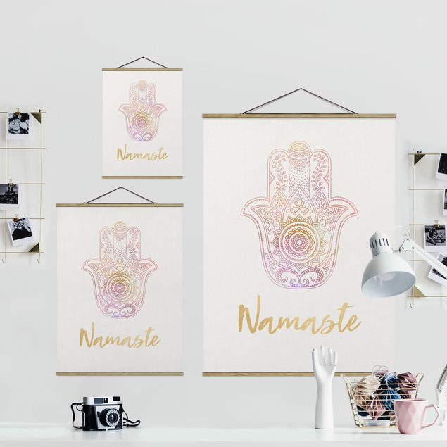 Fabric print with poster hangers - Hamsa Hand Illustration Namaste Gold Light Pink