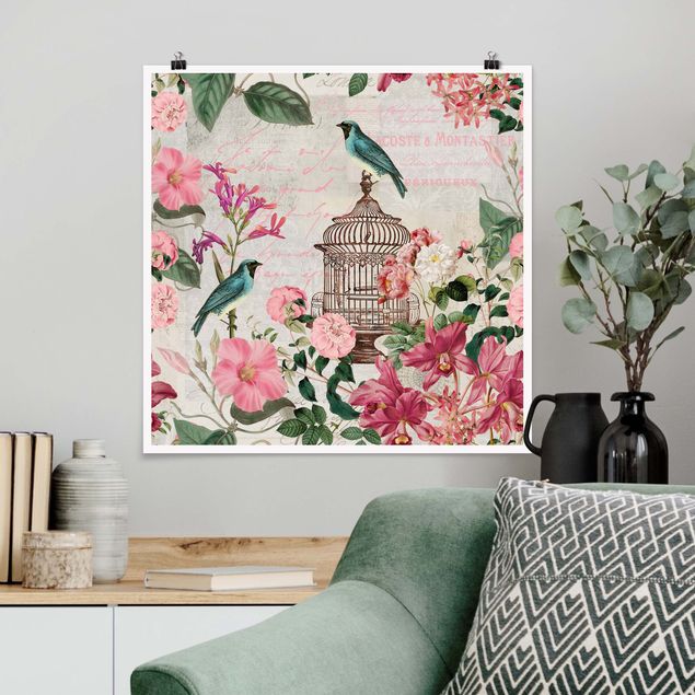 Poster - Shabby Chic Collage - Pink Flowers And Blue Birds