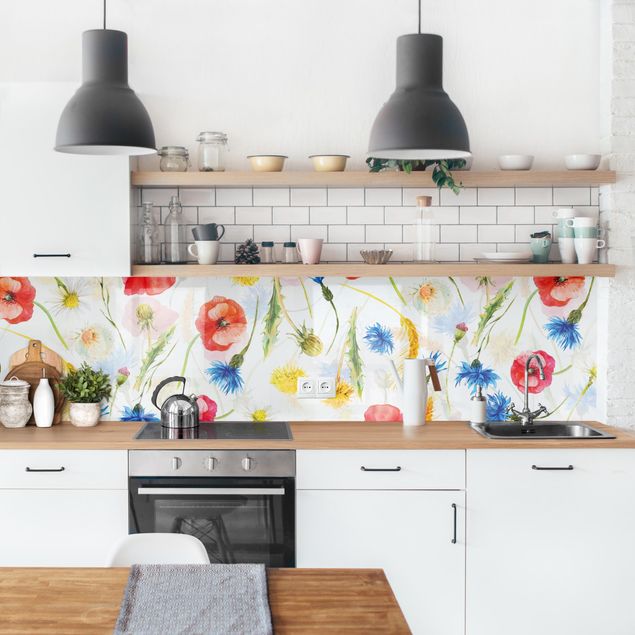 Kitchen splashback patterns Watercolour Wild Flowers With Poppies