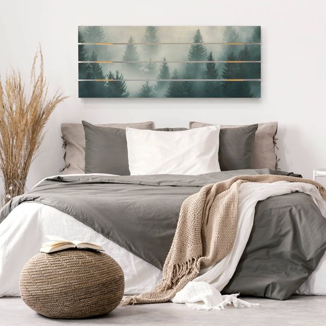 Print on wood - Coniferous Forest In Fog